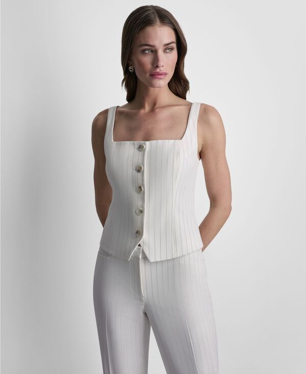 ダナ キャラン ニューヨーク レディース トップス ベスト ノースリーブ DKNY Womensleeveless Pinstripe ButtonFront Vest Ivory Black アイボ