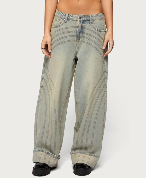 アディクテッド レディース ボトムス デニムパンツ ローライズ ジーンズ Edikted Womens Cuffed Low Rise Baggy Jeans Bluevintagewashed ブル