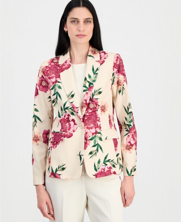 タハリエーエスエル レディース アウター ジャケット・ブルゾン フラワー柄 フラワー Tahari ASL Womens Floral OneButton Jacket Sand Berry Flor