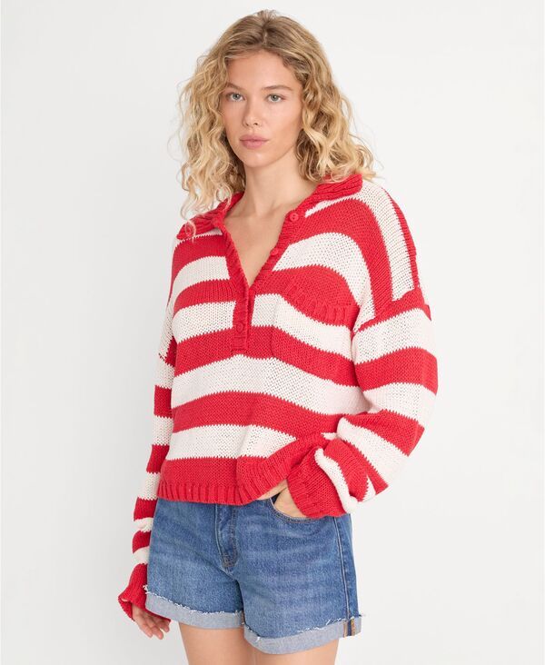 グッドアメリカン レディース アウター ニット・セーター Good American Womens Boxy Henley Sweater Pop Red Stripe レッド