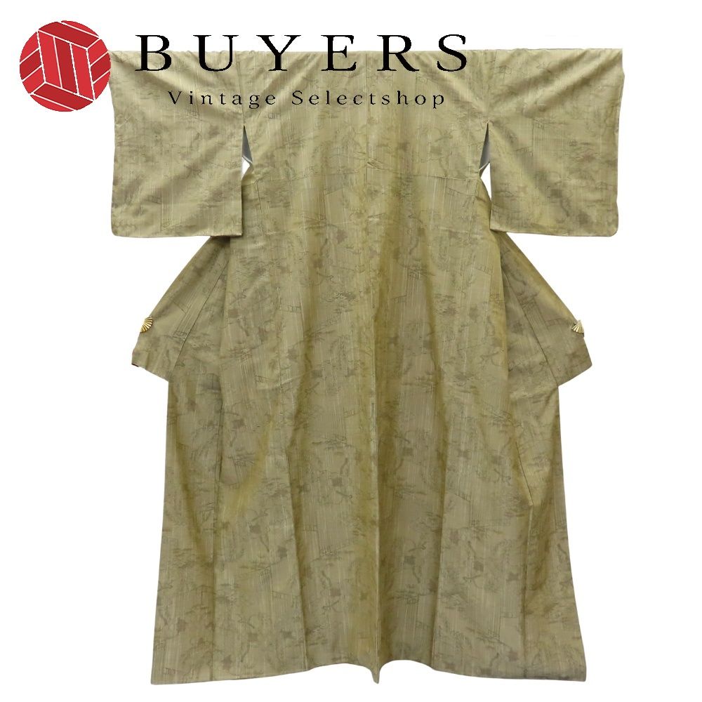 【中古】 紬 正絹 着丈約162cm 裄丈約67cm カーキ しつけ糸あり 和装 呉服 和服 きもの レディース 女性