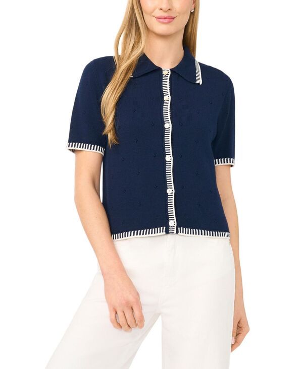 セセ レディース アウター ニット・セーター 半袖 コットン カーディガン CeCe Womens Pointelle ShortSleeve Colla red Cotton Cardigan Cl