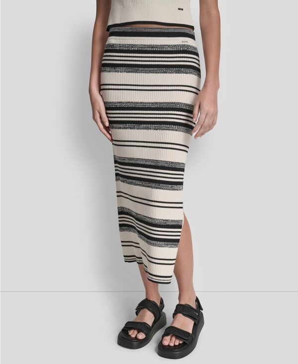 ダナキャランニューヨーク レディース ボトムスカート リブ ミディ DKNY Jeans Womens Ribbed Stripe PullOn Midi Skirt Eggnogblack ブラック