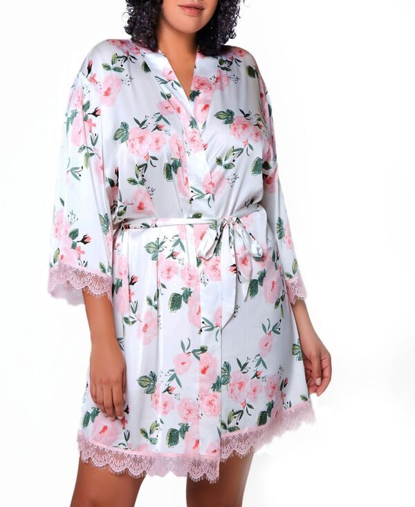 アイコレクション レディース アンダーウェア ナイトウェア プラスサイズ サテン レース iCollection Willow Plusize Satin with Lace Robe Pink ピン