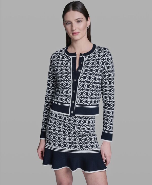 ビーシビージー レディース アウター ジャケット・ブルゾン クルーネック プリント セーター BCBG Womens Printed Crewneck Sweater Jacket Deep SeaW