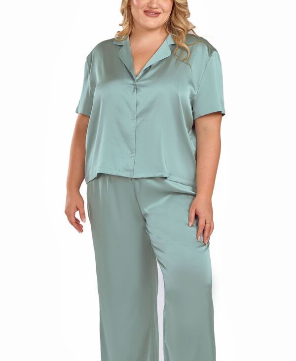 アイコレクション レディース アンダーウェア ナイトウェア パンツ シャツ サテン iCollection Womensatinotch Shirt and Pants Pajama Set Sage