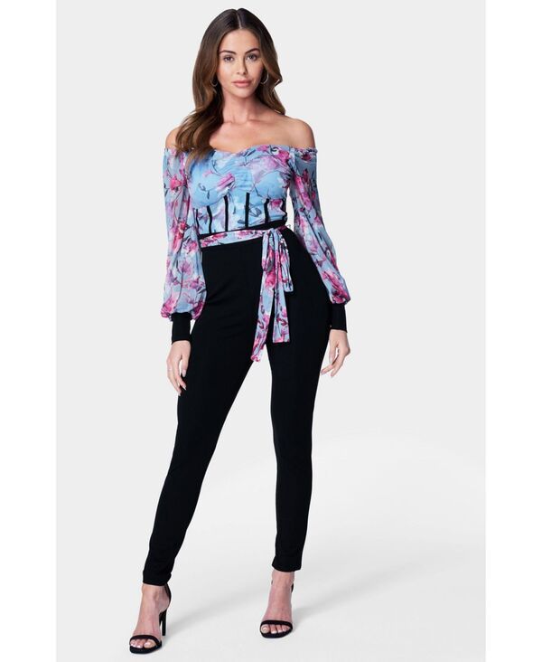 ベベ レディース ボトムス カジュアルパンツ プリント メッシュ Bebe Womens Printed Mesh Off Shoulder Catsuit Watercolor floral