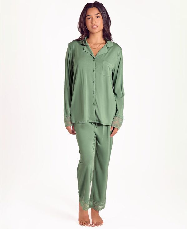 アイコレクション レディース アンダーウェア ナイトウェア ニット 長袖 iCollection Womenstretch Knit LongSleeve Pajama Set Green グリーン