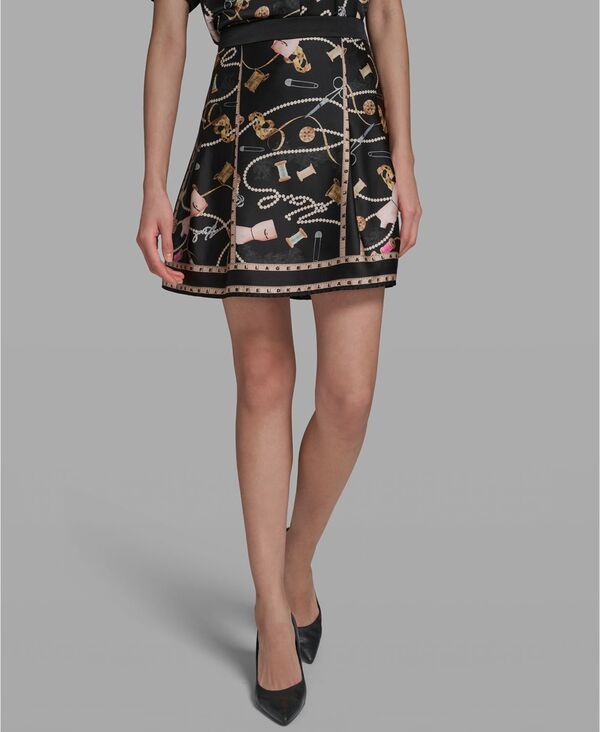 カール ラガーフェルド レディース ボトムスカート プリント KARLAGERFELD PARIS Womensewing Detail Printed Short Skirt Black Combo
