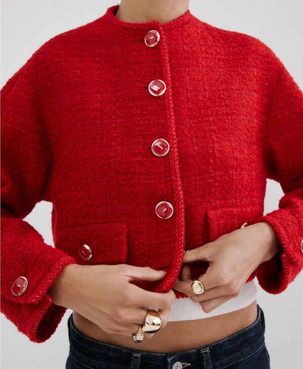 マンゴ レディース アウター ジャケット・ブルゾン ツイード MANGO Womens Jewel Buttons Tweed Jacket Red レッド