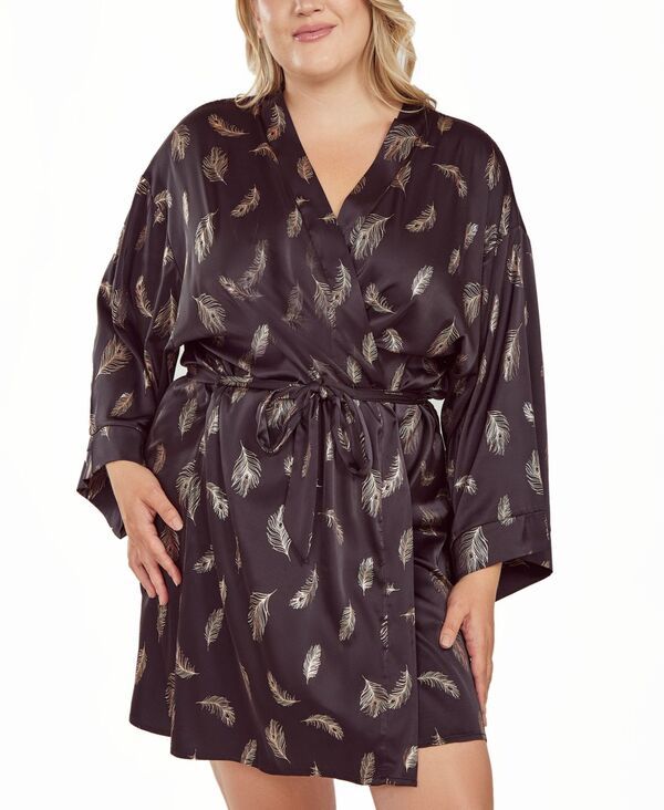 アイコレクション レディース アンダーウェア ナイトウェア プラスサイズ プリント シルク iCollection Plusize Silky Self Tie Robe in Feather Pri