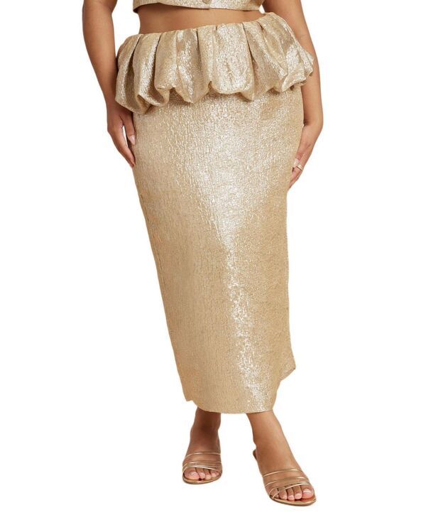 エロクイ レディース ボトムスカート プラスサイズ トール ELOQUII Womens Plusize Metallic Skirt With Bubble Peplum Champagne sil