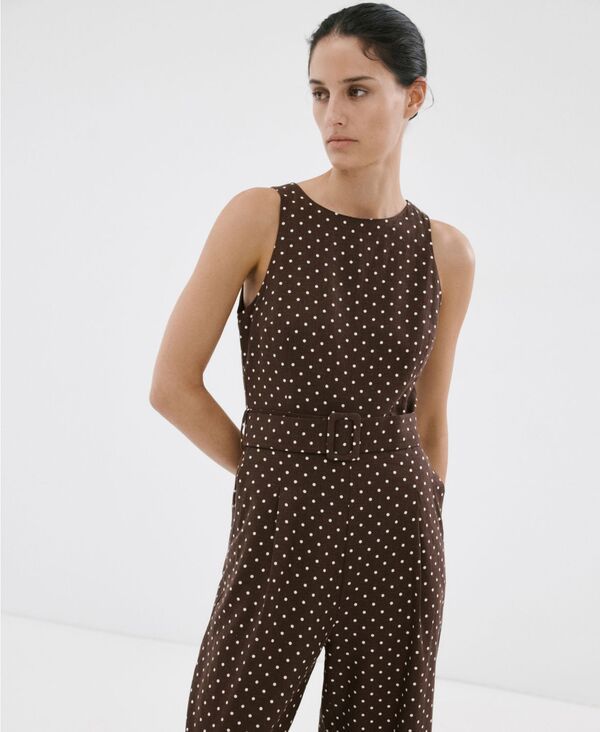 マンゴ レディース トップス ジャンプスーツ ドット リネン MANGO Womens PolkaDot Belted Linen Jumpsuit Chocolate チョコレート