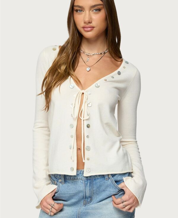 アディクテッド レディース アウター ニット・セーター カーディガン Edikted Womens Jesy Iridescent Split Front Knit Cardigan Cream クリ