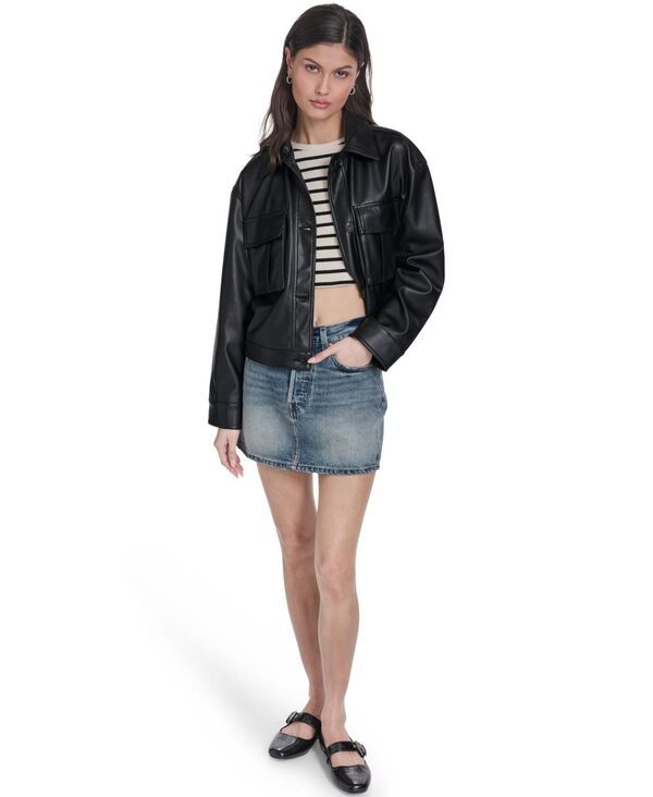 リーバイス レディース アウター コート レザー フェイクレザー Levis Womens Faux Leather Button Closure Shacket Black ブラック
