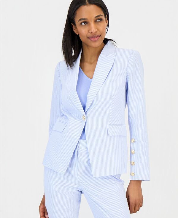 タハリエーエスエル レディース アウター ジャケット・ブルゾン コットン ブレザー Tahari ASL Womenseersucker Stripe CottoneButton Blazer Blu