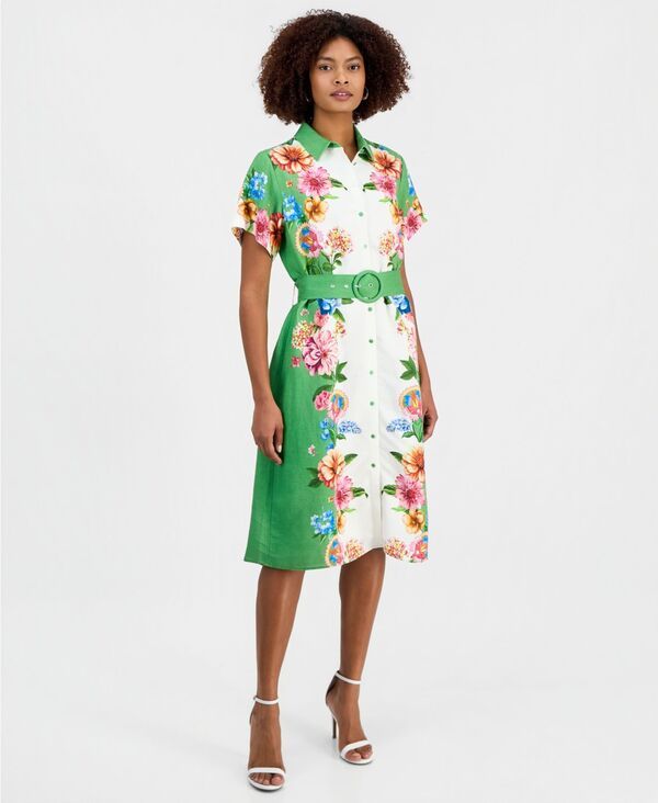 ティー・タハリ レディース トップス ワンピース プリント ミディ Tahari Womens Printed Belted ButtonFront Midi Dress Cosmic Garden