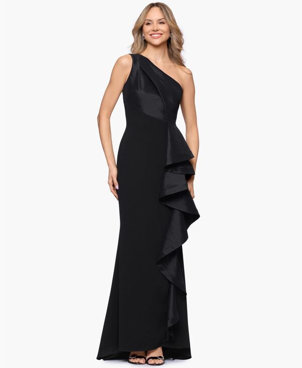 ベッツィアンドアダム レディース トップス ワンピース フリル ワンショルダー Betsy Adam Womens Long OneShoulderuffle Ball Gown Dress Blac
