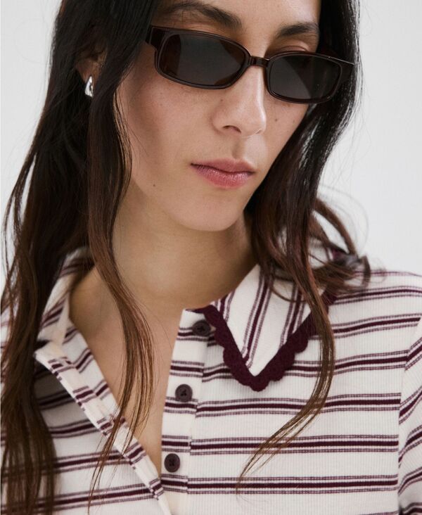 マンゴ レディース トップス ポロシャツ MANGO Womenstriped Scalloped Polo Shirt Burgundy バーガンディ