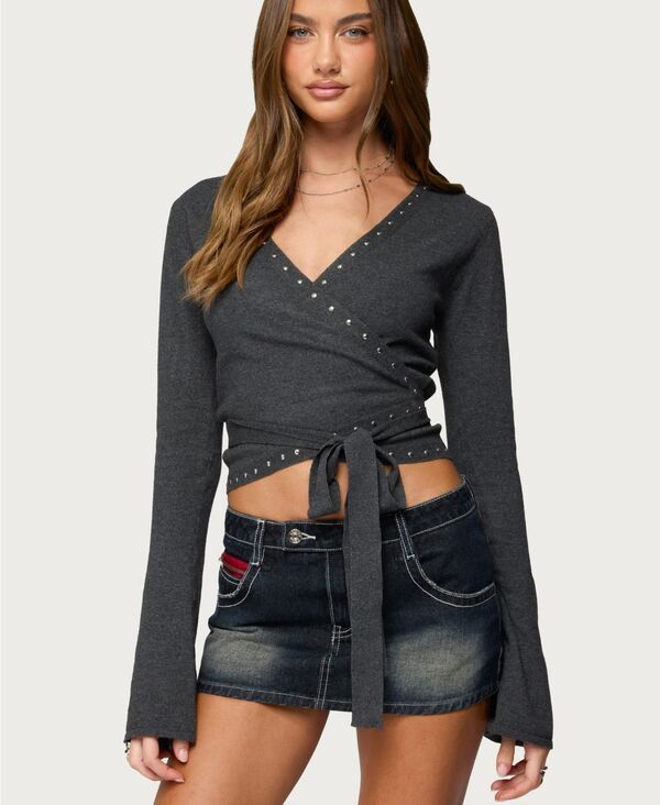 アディクテッド レディース アウター ニット・セーター Edikted Womens Roccia Studded Knit Wrap Top Darkgraymelange グレー
