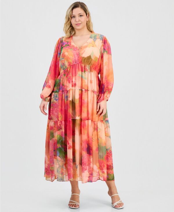 ロビー・ビー レディース トップス ワンピース Vネック ティアード プラスサイズ マキシ Robbie Bee Plusize VNeck Tie red Maxi Dress Peachpink