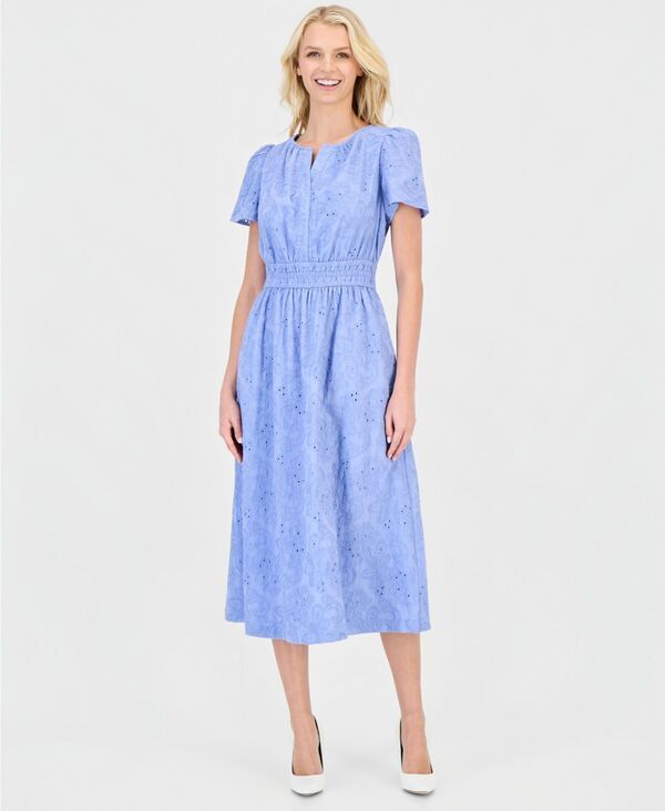 アンクライン レディース トップス ワンピース ミディ 半袖 Anne Klein Womens Eyelet ShortSleeve Midi DressURF BLUE ブルー