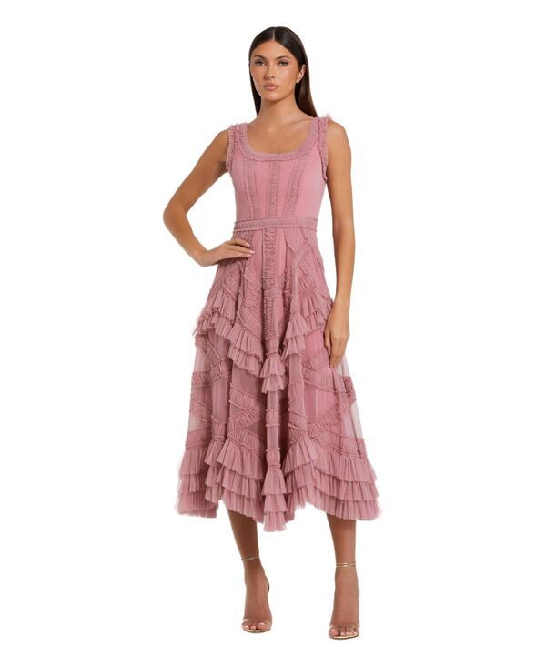 マックダガル レディース トップス ワンピース プチ フリル メッシュ ミディ ノースリーブ Mac Duggal Petite Scoop Neck Sleeveless Mesh Micro Ru