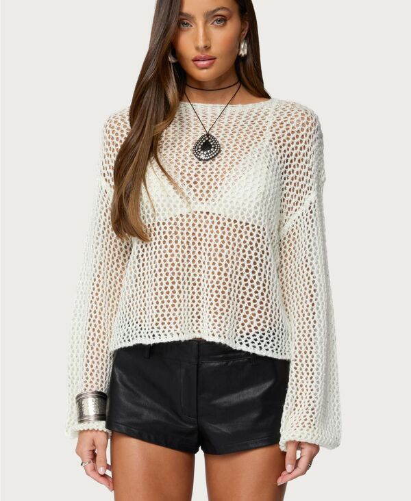 アディクテッド レディース アウター ニット・セーター スパンコール Edikted Womens Charlise Open Knit Sequin Top White ホワイト