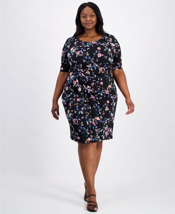 コネクテッド レディース トップス ワンピース フラワー柄 プラスサイズ プリント フラワー Connected Plusize FloralPrint FauxWrap Dress Blk