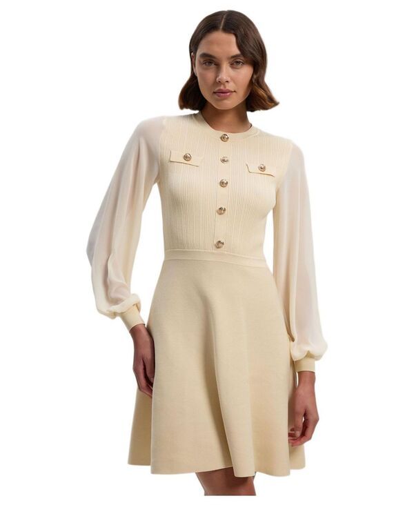 カレンミレン レディース トップス ワンピース シフォン ミニット Karen Millen Womens Chiffon Sleeve Military Mini Knit Dress Cream
