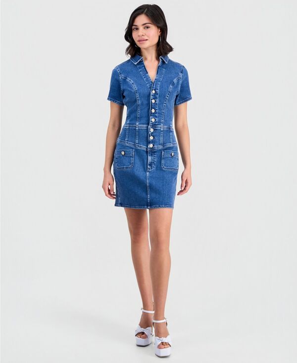 ゲス レディース トップス ワンピース 半袖 デニム GUESS Womens Janna ShortSleeve Denim Dress AKRON デニム