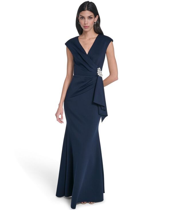 エリザジェイ レディース トップス ワンピース Vネック ドレープ Eliza J Womens VNeck Front Drape Ball Gow navy ネイビー