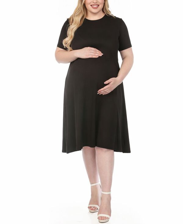 ホワイトマーク レディース トップス ワンピース A ライン プラスサイズ ミディ 半袖 White Mark Plusize ShortSleeve Midi ALine Dress Black ブ
