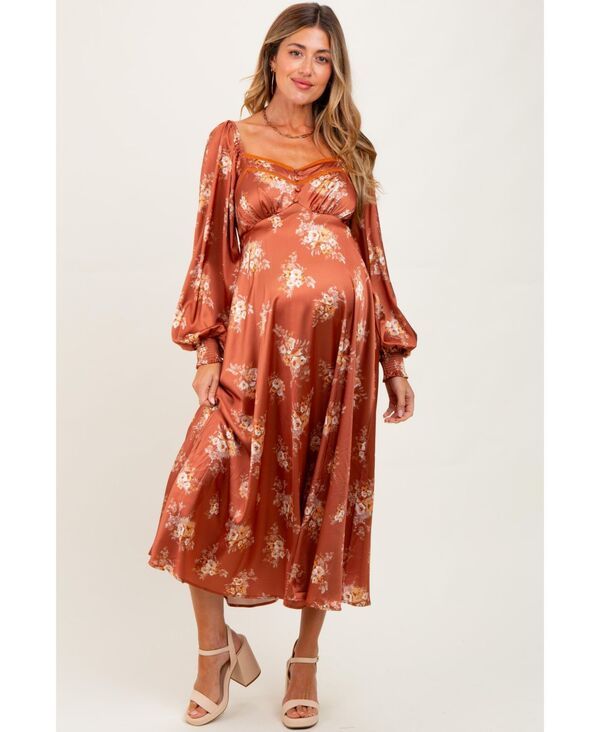 ピンクブラッシュ レディース トップス ワンピース フラワー柄 ミディ サテン マタニティ フラワー Pinkblush Maternity Rust Satin Floral Bubble Slee