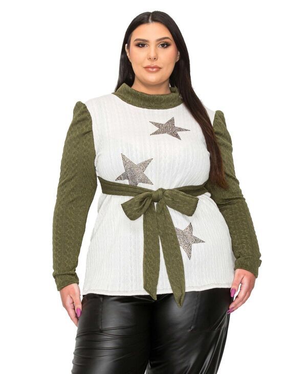 リブド レディース アウター ニット・セーター プラスサイズ L I V D Plusize Britt Star Embellished Waistie Sweater Olive white ホワ
