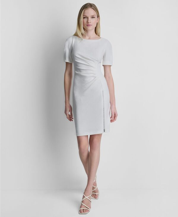 ダナ キャラン ニューヨーク レディース トップス ワンピース クルーネック ギャザー 半袖 DKNY Womens Ruched Crewneck ShortSleeve Dress Ivory ア