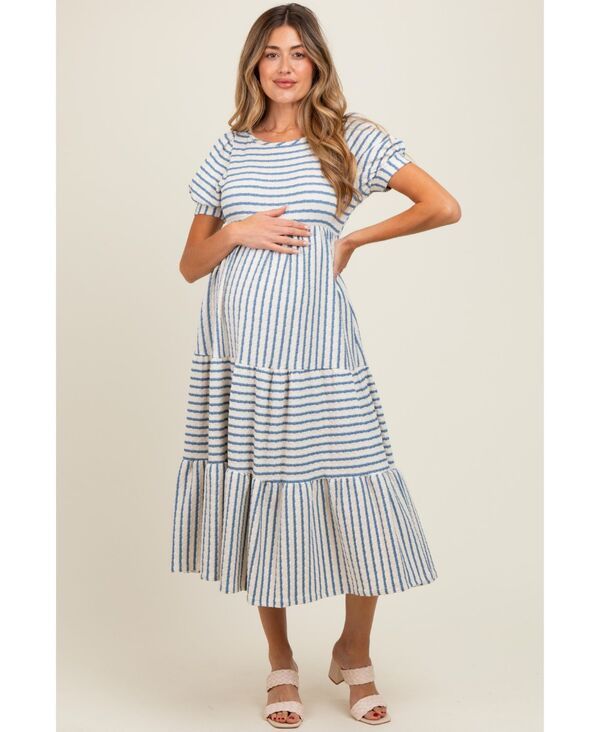 ピンクブラッシュ レディース トップス ワンピース ティアード マタニティ マキシ Pinkblush Maternity CreamCamel Striped Short Sleeve Tie re