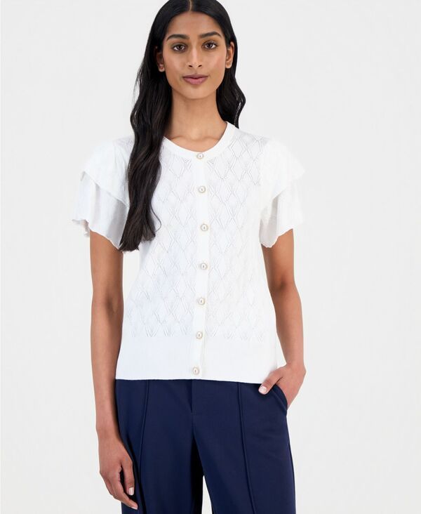 ティー・タハリ レディース アウター ニット・セーター カーディガン Tahari Womens Pointelle FlutterSleeve Cardigan Sweater White Star
