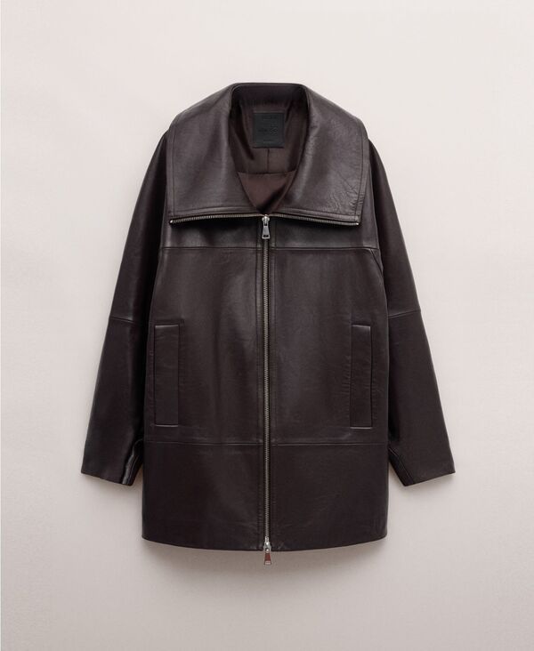 マンゴ レディース アウター コート レザー MANGO Womens Oversized FunnelNeck Leather Coat Burgundy バーガンディ