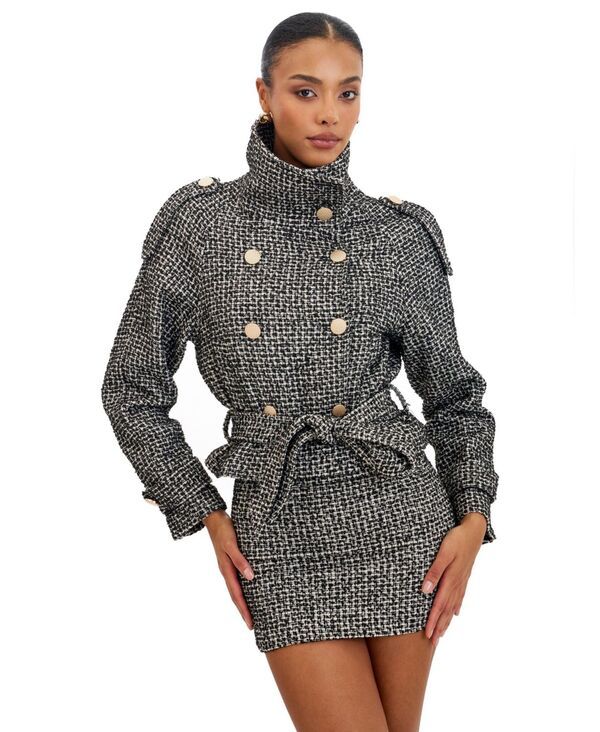 ミスサークル レディース アウター ジャケット・ブルゾン ミニ ツイード Miss Circle Womensadie Black and White Tweed High Collar Belted