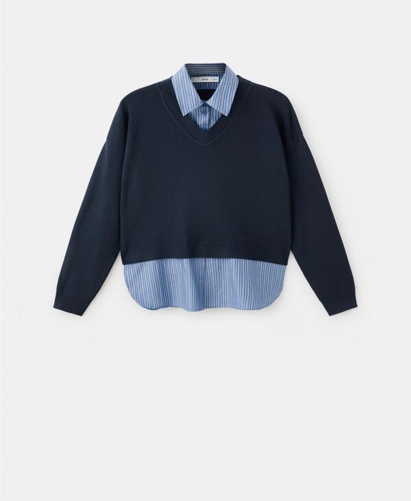 マンゴ レディース アウター ニット・セーター シャツ MANGO Womens Combined Shirt Sweater Navy ネイビー