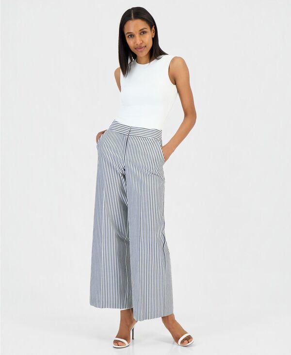 タハリエーエスエル レディース ボトムス カジュアルパンツ Tahari ASL Womenseersucker Stripe WideLeg Pants Navy Ivory アイボリー