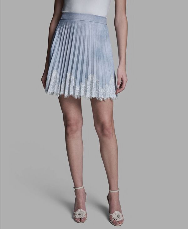 ビーシビージー レディース ボトムスカート レーストリム プリーツ ミニ レース BCBG Womens Lace Trim Pleated Mini Skirt Pale Denimulti デニム