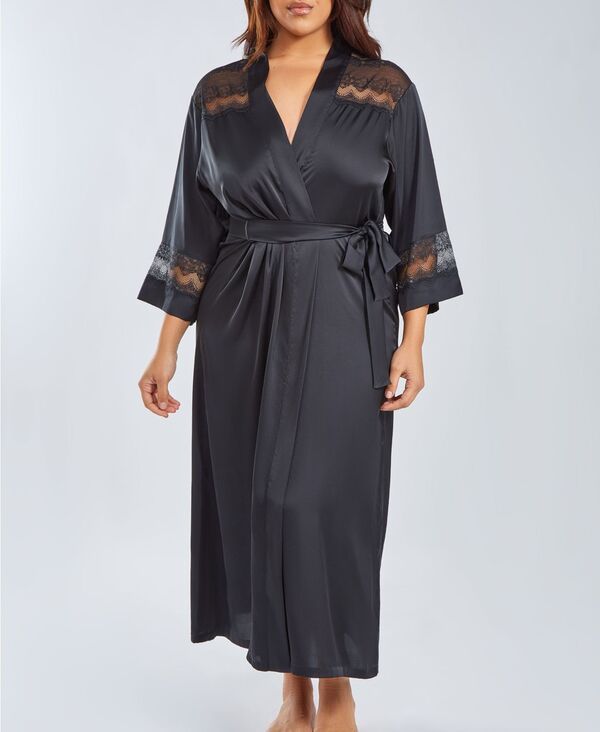 アイコレクション レディース アンダーウェア ナイトウェア プラスサイズ サテン シルク レース iCollection Plusize Silky Stretch Satin Long Robe w