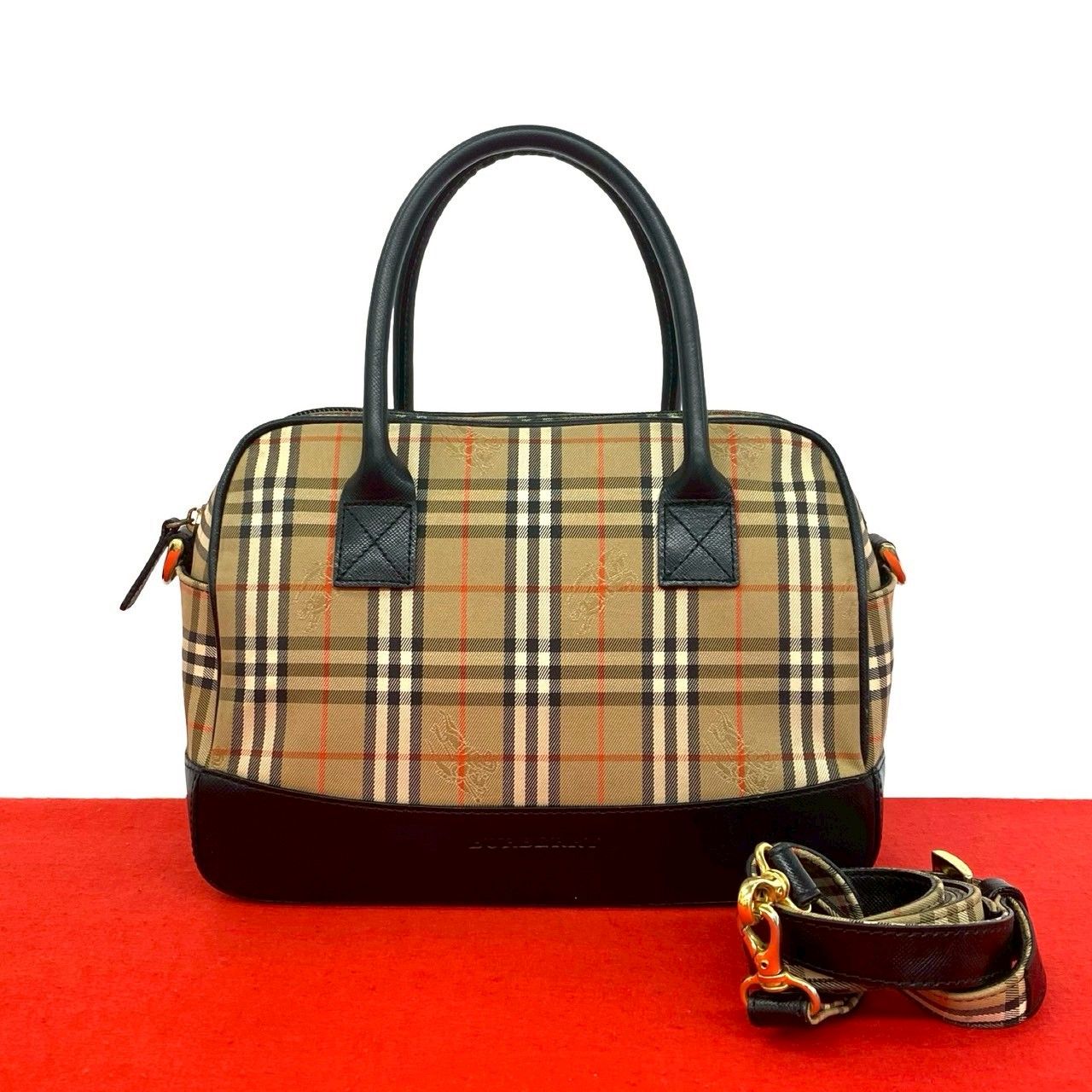 極 美品 BURBERRY バーバリー ノバチェック 柄 キャンバス レザー 本革