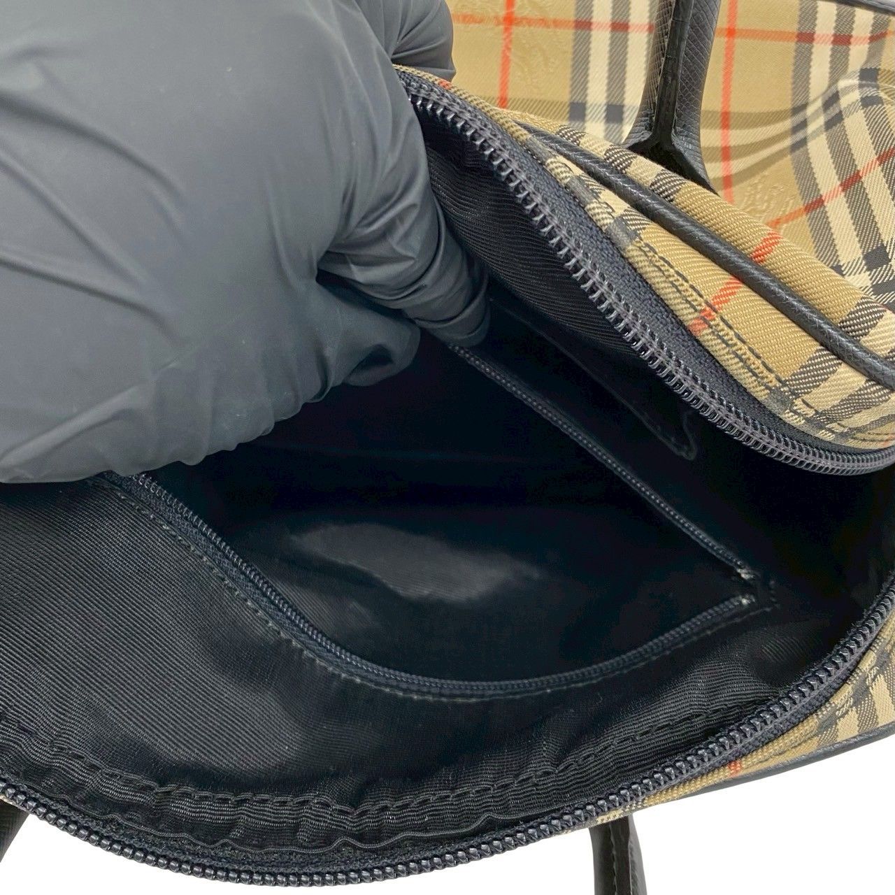 極 美品 BURBERRY バーバリー ノバチェック 柄 キャンバス レザー 本革 