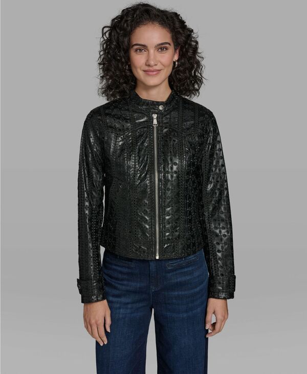 カール ラガーフェルド レディース アウター ジャケット・ブルゾン レザー フェイクレザー KARLAGERFELD PARIS Womens Faux Leather Eyelet Zip Fron