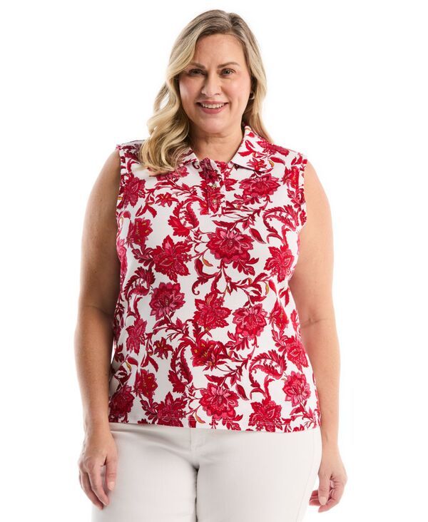 ラファエラ レディース トップス ポロシャツ プラスサイズ プリント フリル ノースリーブ Rafaella Plusize Botanical Print Ruffle Trim Sleeveles