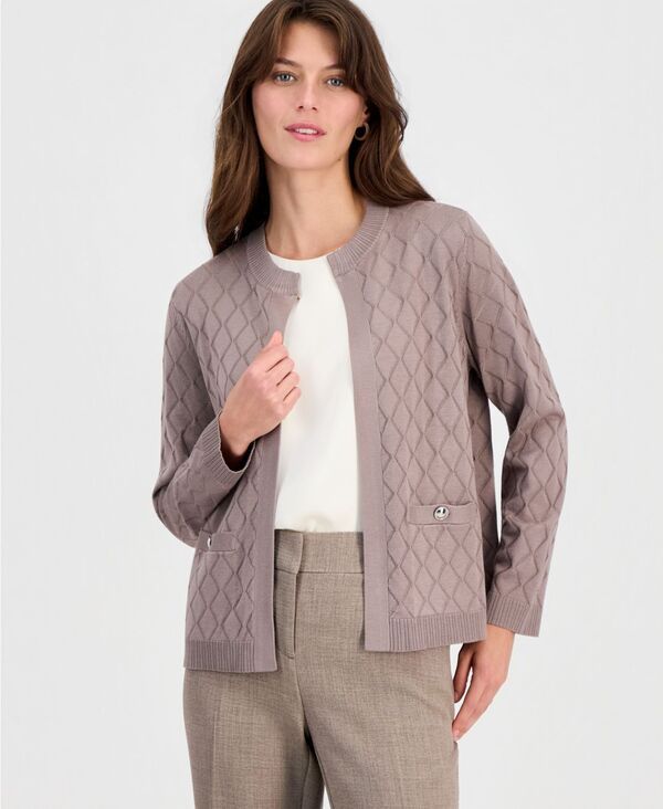 カスパール レディース アウター ニット・セーター クルーネック プチ カーディガン Kasper Petite DiamondStitch Crewneck Cardigan Taupe トープ