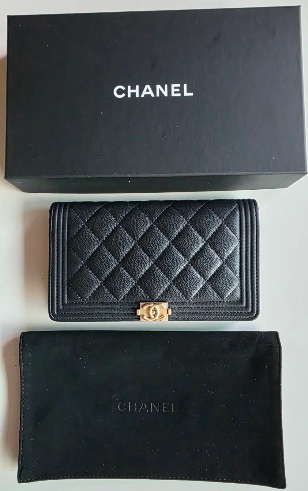正規品 CHANEL BOY ボーイ ゴールド キャビア 長財布 ブラック